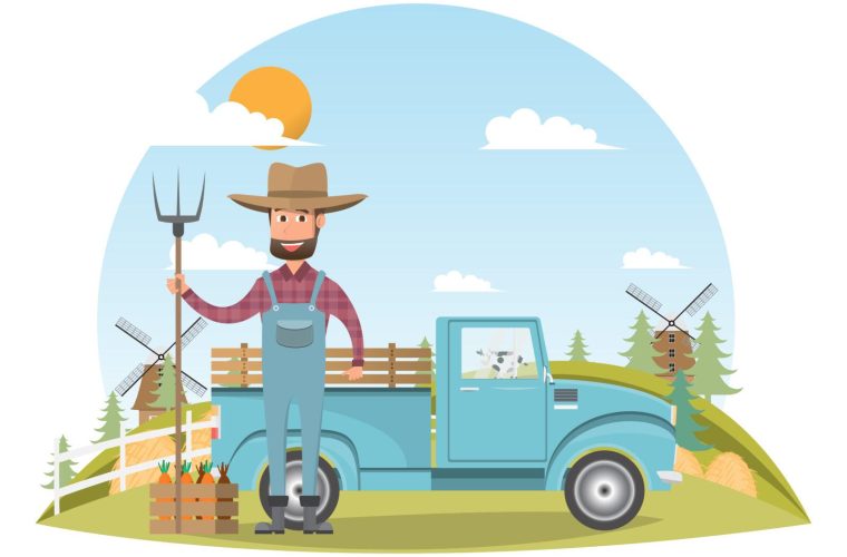 farmer cartoon character with milk cow in organic rural farm. vector illustration